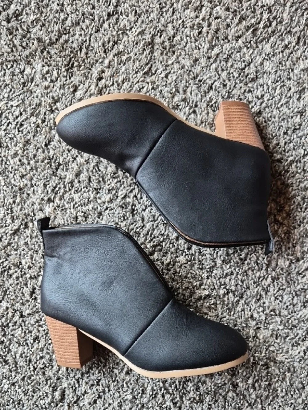 Women's V Slit Black Ankle Booties with Stacked Heel Size 37
